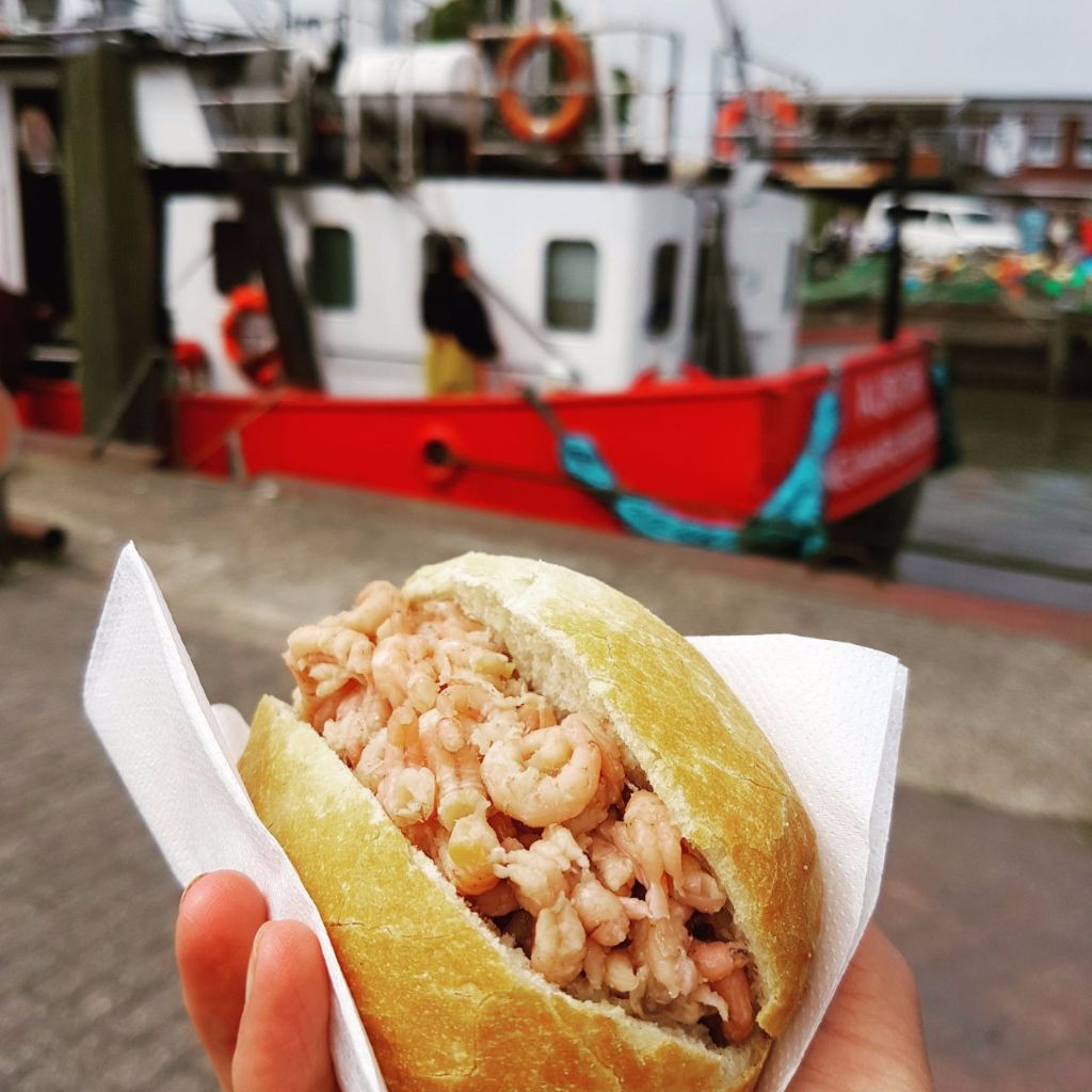 Leckeres Krabbenbrötchen und im Hintergrund der dazugehörige Krabbenkutter